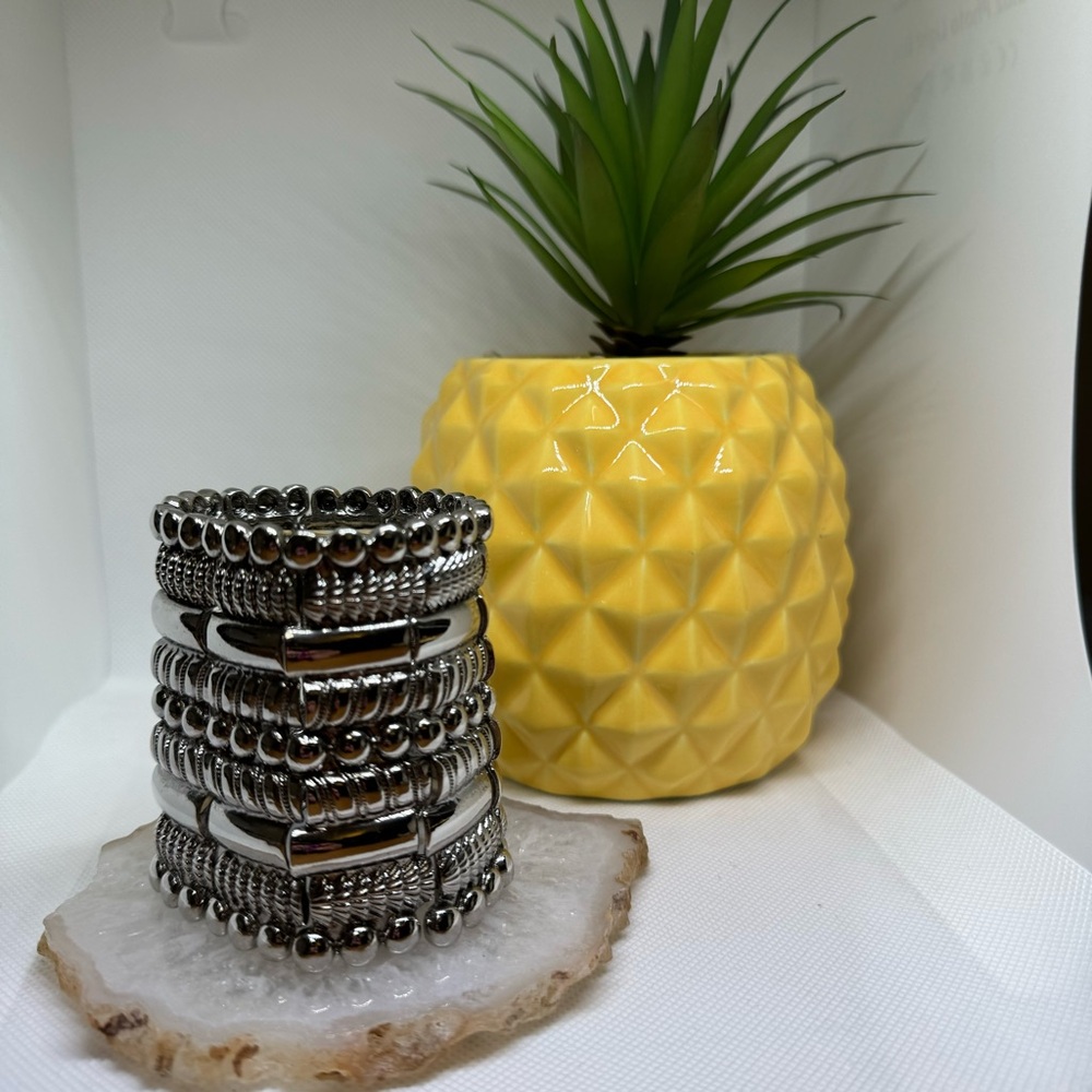 Statement Silvertone Panel Stretch Bracelet - image 1